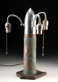 WWI Mortar Shell 3 Socket Lamp with Dragon Motif