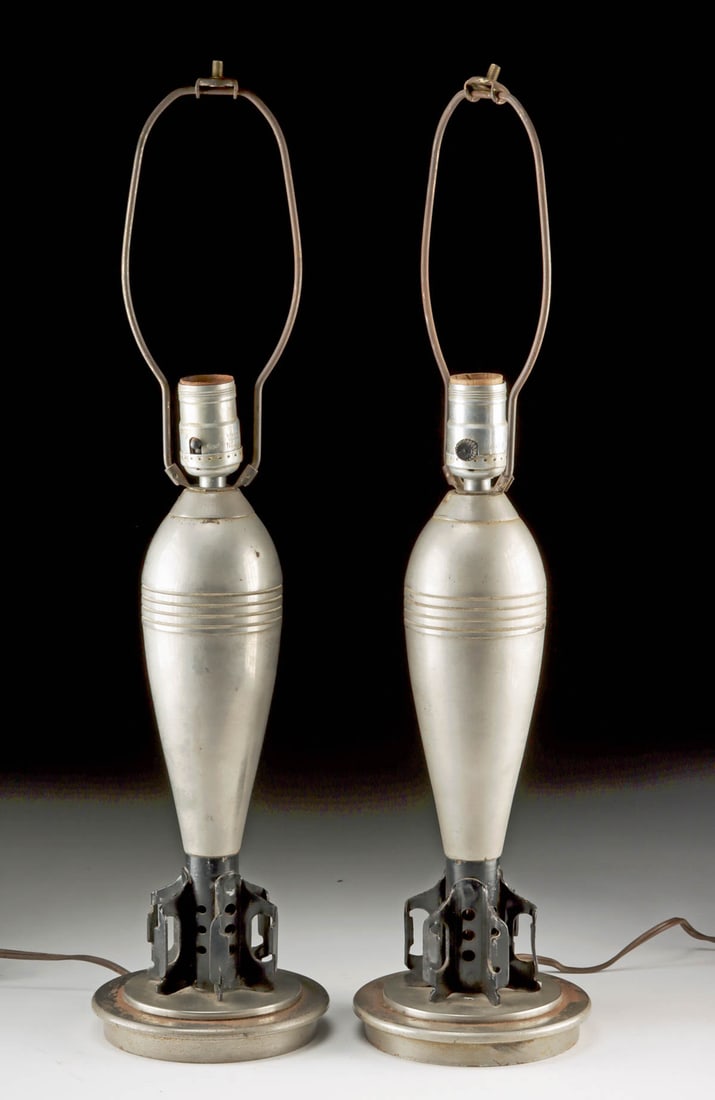 Pair of WWII Nickel Mortar Shell Lamps, Functional! (1 of 2)