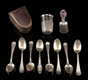 9 Antique Silver & Silver-Plated Spoons & 1 Jigger