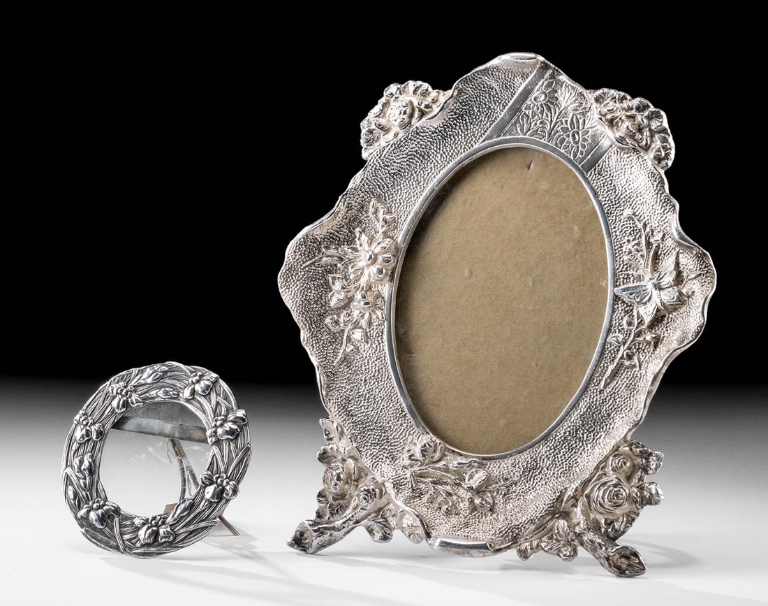 1900s Art Nouveau Sterling Silver Picture Frames (pr): Western Europe & Japan, Art Nouveau era, ca. 1900s to 1920s CE. A pretty pair of high-quality sterling silver picture frames with floral patterns that are perfect for photos or small art. The smaller
