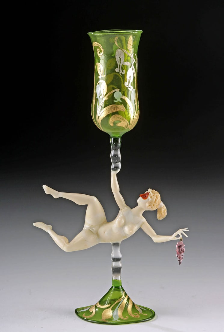 Lucio Bubacco Glass Goblet - Nude Female w/ Grapes: Lucio Bubacco (Murano, Italy, b. 1957). Erotic Glass Goblet, ca. 1990s. An erotic glass vessel by Murano master Lucio Bubacco that demonstrates Bubacco's uncanny ability to capture the anatomy and mov