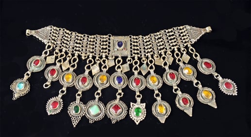 Pakistani Kuchi Brass Belt Adornment w/ Glass Cabochons