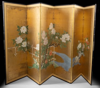 19th C. Japanese Meiji Kano Gilt 6 Panel Byobu Screen