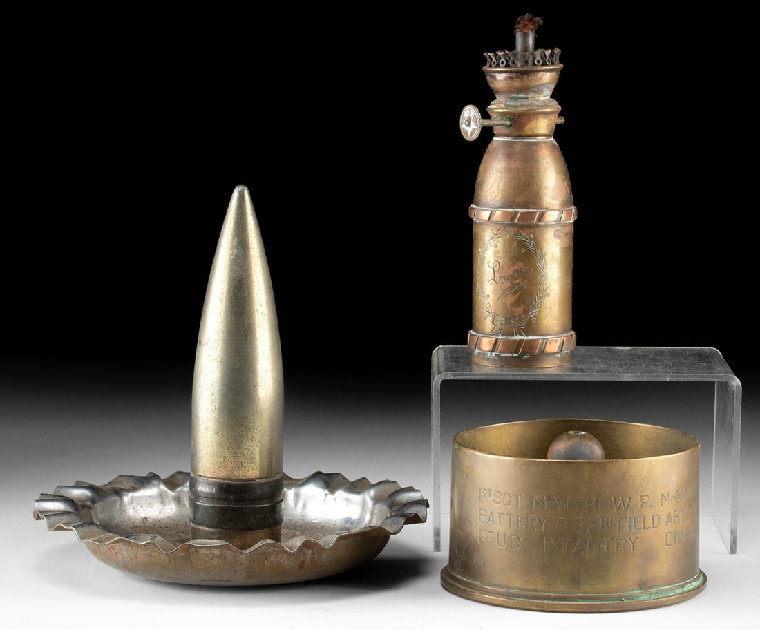 WWII Engraved Trench Art Ashtrays & Table Lighter (1 of 3)