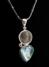 Roman Bronze Coin, Glass, Aquamarine & Silver Necklace