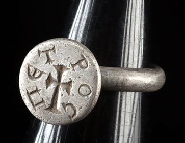 14th C. Late Byzantine Silver Ring w/ Cross & PETROS