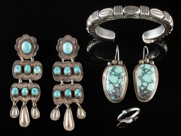 Navajo Silver & Turquoise Earrings, Ring & Curtis Cuff