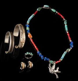 Navajo Gilt Cuffs, Turquoise Ring & Beaded Necklace