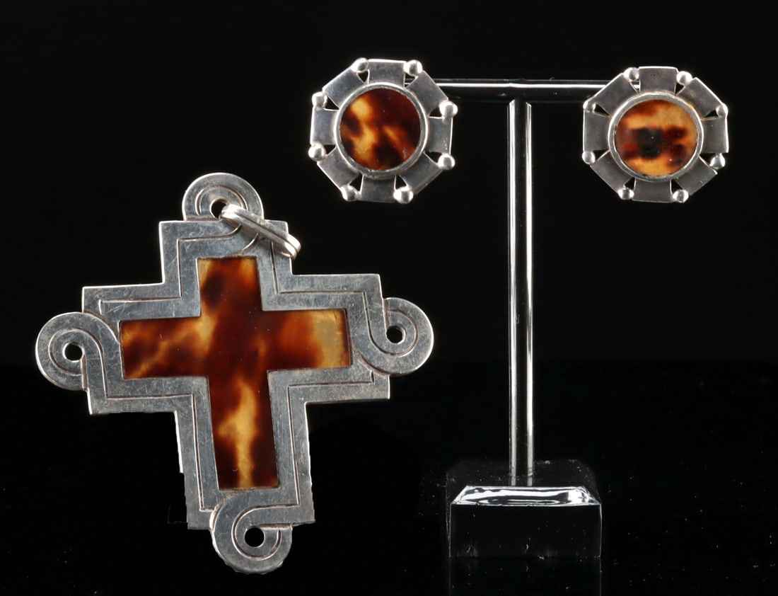 Spratling Successor Silver Cross Pendant & Earrings (1 of 3)