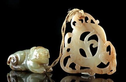 Chinese Jade Dog Toggle & Serpentine Pendant