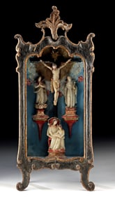 18th C. Brazilian Gilt Wood Oratory - Stone Crucifixion