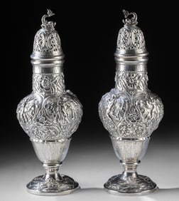 Pair of Continental Silver Casters w/ Putti & Dolphins
