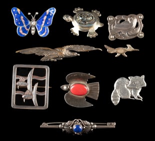 USA, Danish, Mexican Sterling Silver Brooches, 9 pcs