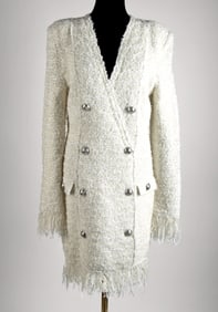 Balmain Paris White Metallic Tweed Mini Dress (Size 44)