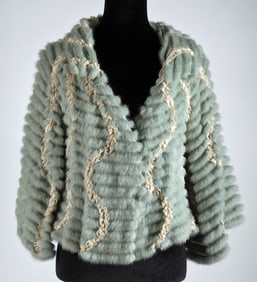 Fendi Seafoam Green Fur Jacket, Silk Lining Lace Insets