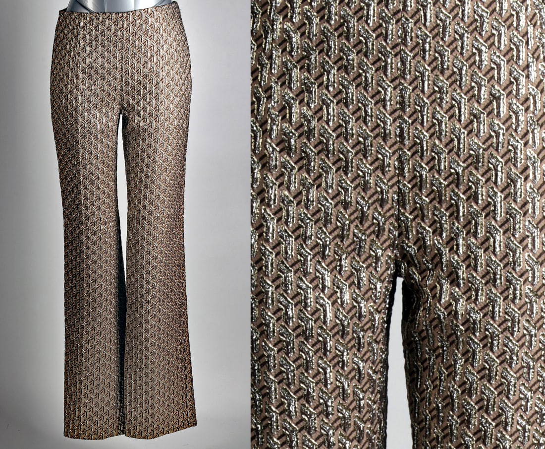 Prada Shimmering Metallic Brocade Evening Trousers: Italy, ca. 21st century CE. A sophisticated pair of Prada women?s trousers, Italian size 38, tailored in a shimmering beige and brown brocade woven with metallic threads that give the fabric a luxurio