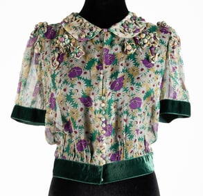 Louis Vuitton Sheer Silk Floral Blouse Rosette Applique