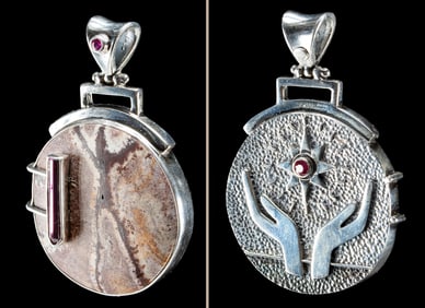 Silver Pendant, Dendrite Jasper, Tourmaline & Ruby