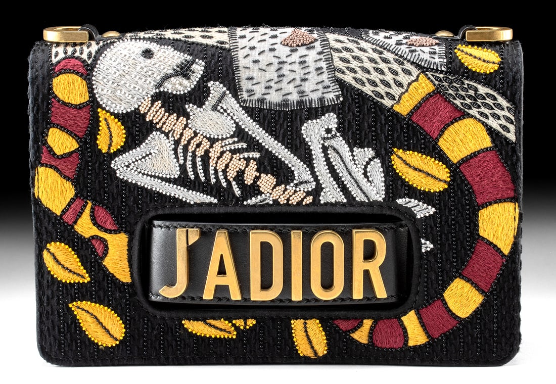 Christian Dior J’ADIOR “Tarot – Death XIII” Mini Flap: France, ca. 2018 CE. A Christian Dior J'Adior "Death" Motherpeace Tarot Flap Bag from the 2018 Resort Collection, crafted in multicolour embroidered black fabric with intricate beadwork and black calf