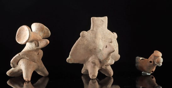 Colima Pottery Bird Whistles & Ecuadorian Head Fragment