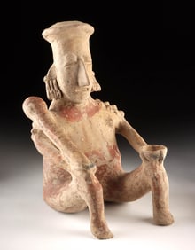 Large Jalisco Pottery Seated Male Figure w/ Club