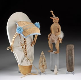 5 Native American Pieces - Cradleboard, Figure & Stones