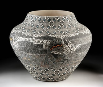 Acoma Etched Kokopelli Pottery Jar by Nathaniel Vallo