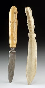 Alaskan Carved Walrus Ivory Knife & Antler Scraper