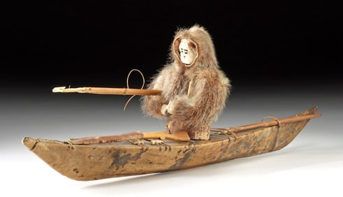 Model Sealskin Kayak + Inuit Hunter, Gun & Harpoons