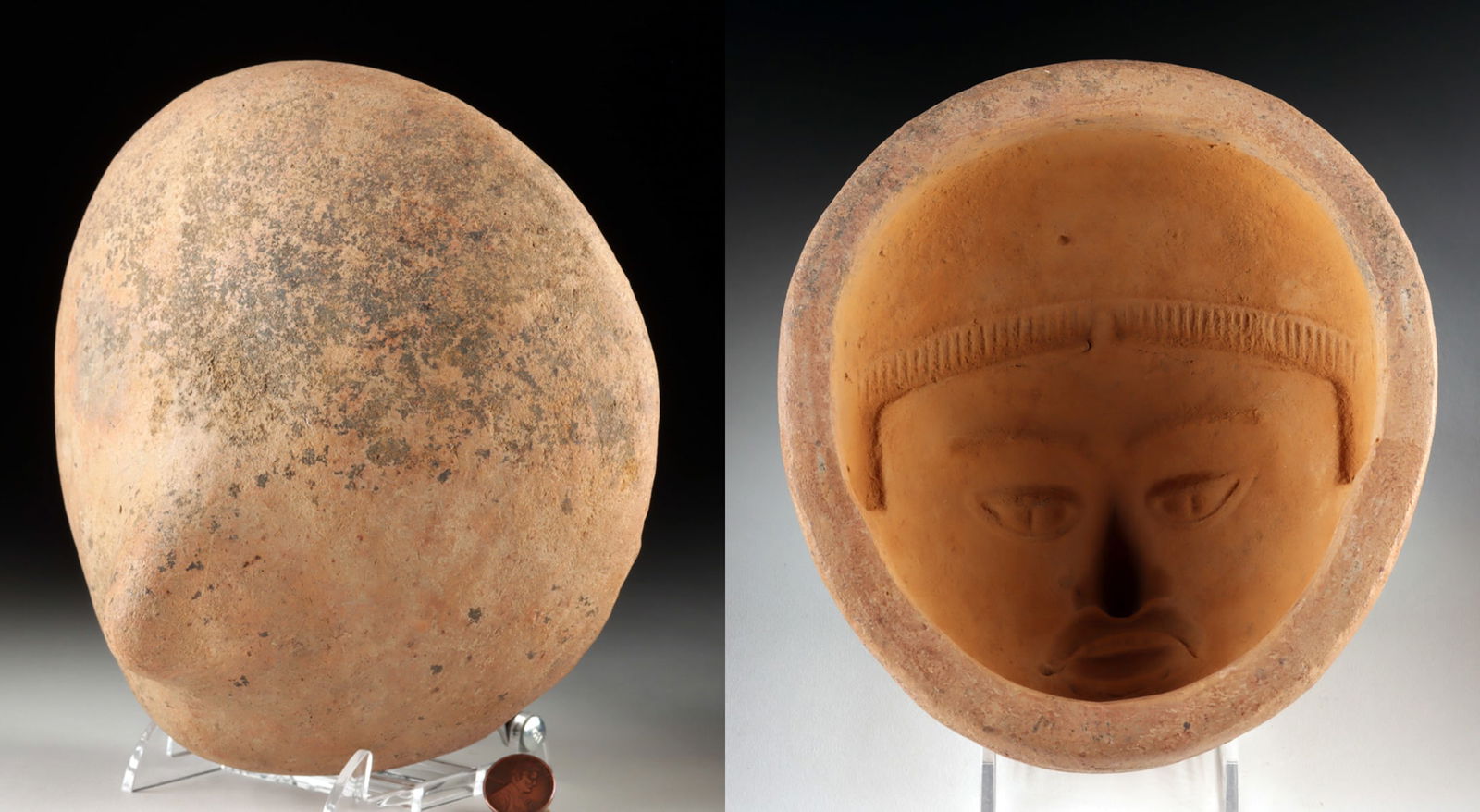 Veracruz Ceramic Mold for Human Face: Pre-Columbian, Gulf Coast Mexico, Veracruz, ca. 600 to 900 CE. A pottery mold used for producing ceramic faces, formed as a deep, rounded bowl with an interior sculpted in relief. The recessed face di