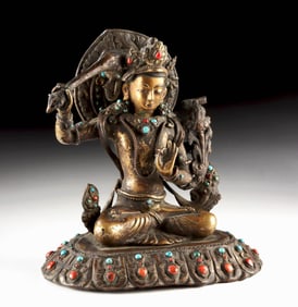 19th C. Tibetan Brass Seated Manjushri w/ Stones