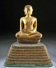 19th C. Thai Rattanakosin Gilt-Brass Figure Phra Malai Kham Luang