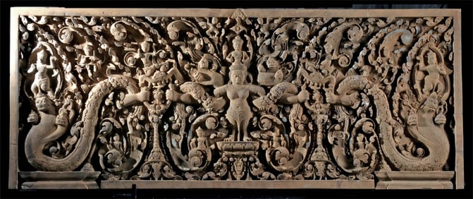Monumental Cambodian Stone Lintel Depicting Vishnu on Garuda (Preah Ko Style)