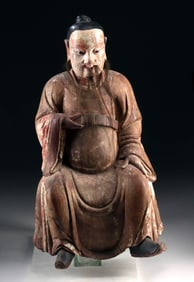 18th C. Chinese Wood Ancestor Figure - Glass Eyes & Horsehair Beard