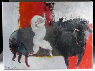 Yang Yang Mixed Media Painting - Dancing Nude and Bull