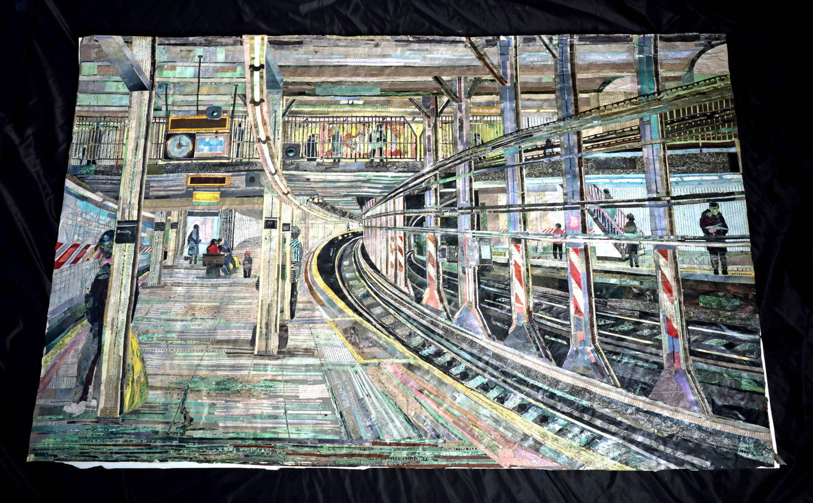 Edith Kramer Mixed Media Collage - NYC Subway Platform: Edith Kramer (Austrian, 1916-2014). Mixed Media Collage of New York City Subway Platform, 1992. Hand signed and dated in black pigment at lower right. Edith Kramer's subway drawings led to the creatio