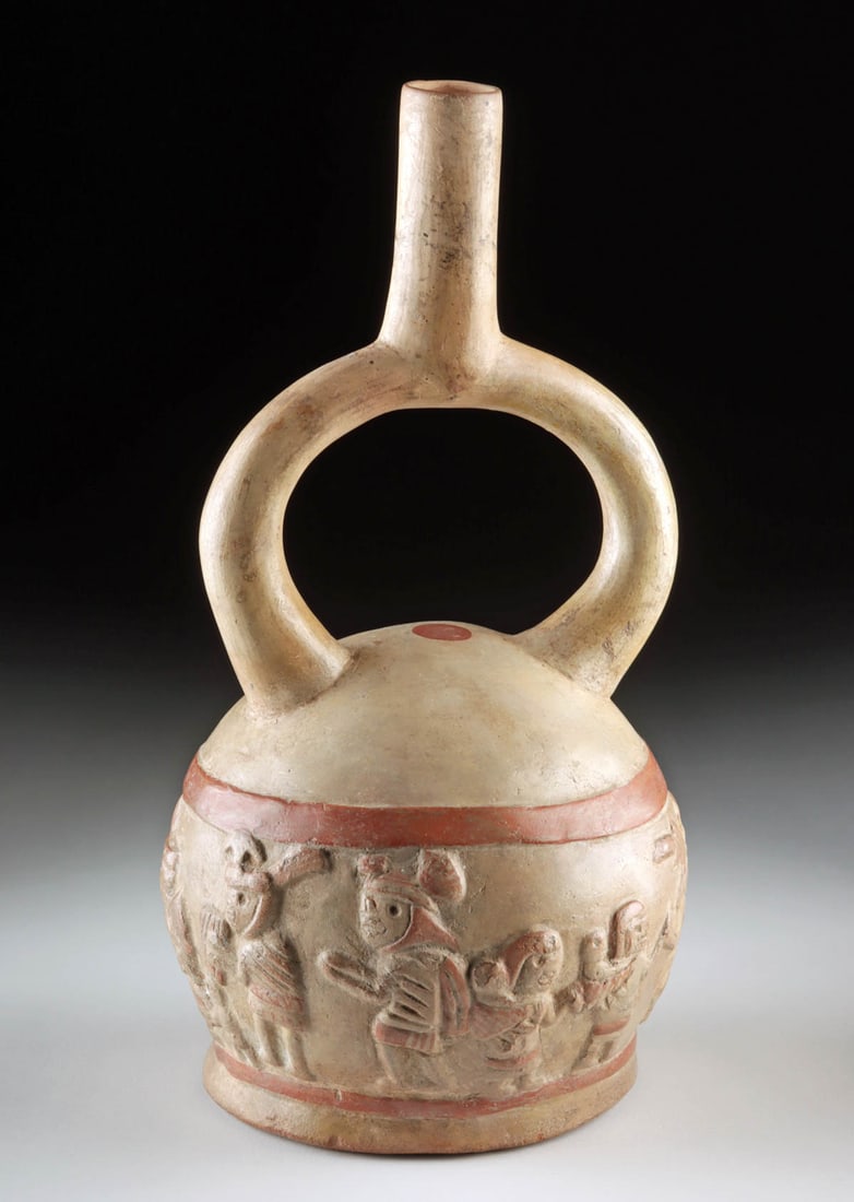 Moche Pottery Stirrup Vessel w/ Relief Procession Scene (1 of 5)