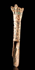 Moche Turquoise Inlaid Camelid Bone Ritual Spatula