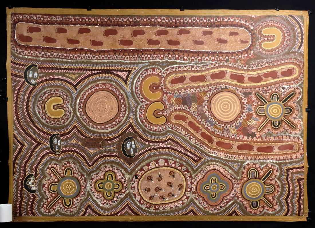 Australian Aboriginal Painting attr. Wenja Napaltjarri: Australia, Aboriginal, ca. late 20th century CE. A monumental acrylic-on-canvas Aboriginal painting depicting a Dreaming narrative rendered in the intricate dot-painting tradition of the Western Deser