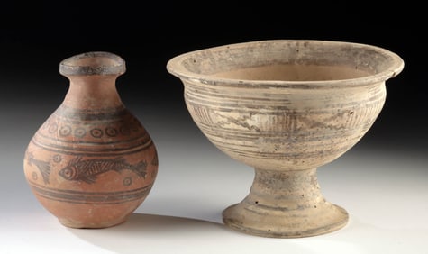 Indus Valley Painted Jar Fish Motifs + Pedestal Bowl