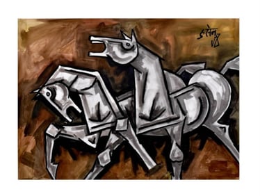 Important M.F. Husain Watercolor Depicting Signature Equine Imagery