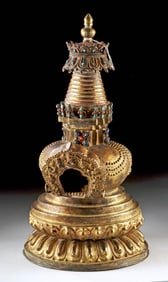 Buddhist Gilt Copper Chaitya Stupa w/ Amitayus Buddha