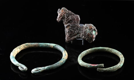 Two Ancient Bronze Age Cuff Bracelets & Horse Figurine