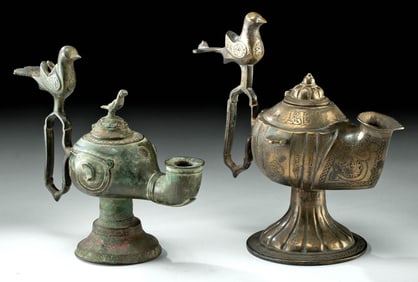Islamic Brass Oil Lamps Bird-Form Handles, Inscriptions