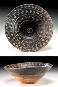Medieval Persian Black & White Glazed Ceramic Bowl