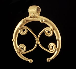 Fine Viking 20K Gold Lunate Pendant w/ Double Spirals
