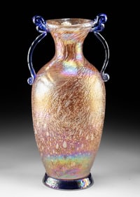 Italian Murano Scavo Glass Vase w/ Blue Handles