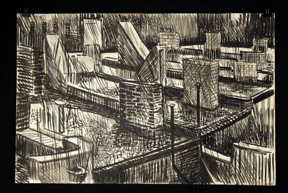 Edith Kramer Ink Drawing - NYC Rooftops #1 (1946)