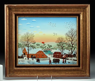 French Folk Art Painting by M.C. Bubnic - Snowy Town