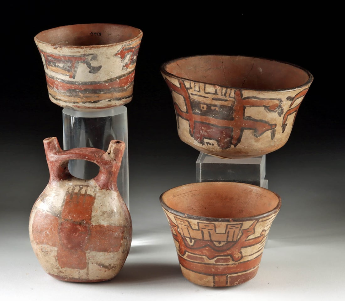 2 Nazca Painted Pottery Bowls & 1 Bridge-Spouted Jar (1 of 3)
